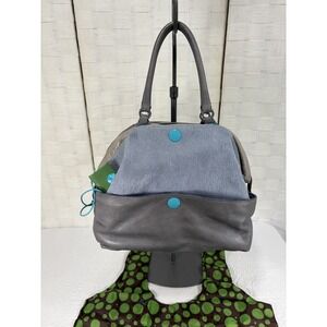 Gabs gray convertible bag blue gray calf hair front turquoise snap buttons
